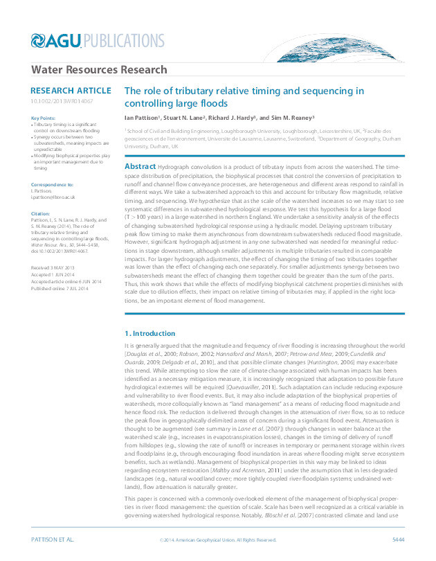 The role of tributary relative timing and sequencing in controlling large floods Thumbnail