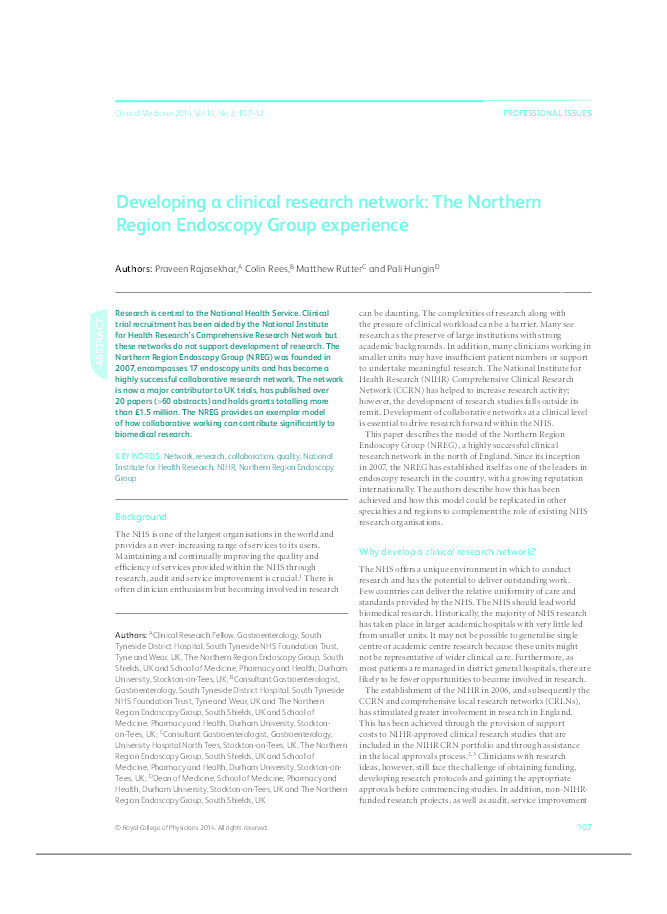 Developing a clinical research network: the Northern Region Endoscopy Group experience Thumbnail