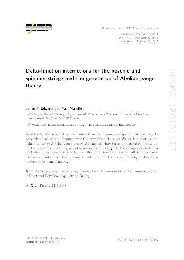 Delta-function interactions for the bosonic and spinning strings and the generation of Abelian gauge theory Thumbnail