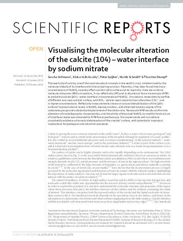 Visualising the molecular alteration of the calcite (104) – water interface by sodium nitrate Thumbnail