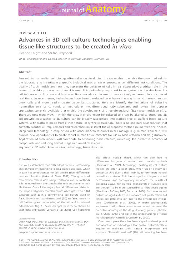 Advances in 3D cell culture technologies enabling tissue-like structures to be created in vitro Thumbnail