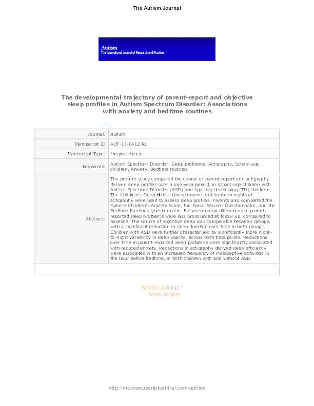 The developmental trajectory of parent-report and objective sleep profiles in autism spectrum disorder: Associations with anxiety and bedtime routines Thumbnail