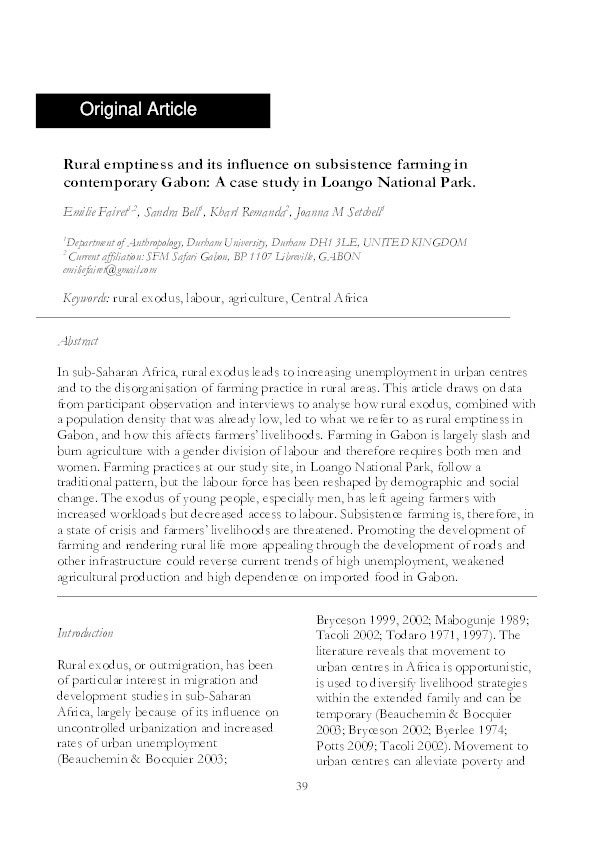 Rural emptiness and its influence on subsistence farming in contemporary Gabon: A case study in Loango National Park Thumbnail