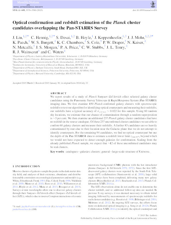 Optical confirmation and redshift estimation of the Planck cluster candidates overlapping the Pan-STARRS Survey Thumbnail