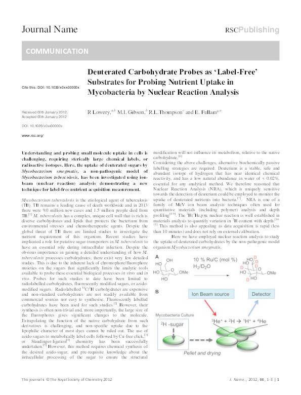 Deuterated Carbohydrate Probes as ‘Label-Free’ Substrates for Probing Nutrient Uptake in Mycobacteria by Nuclear Reaction Analysis Thumbnail