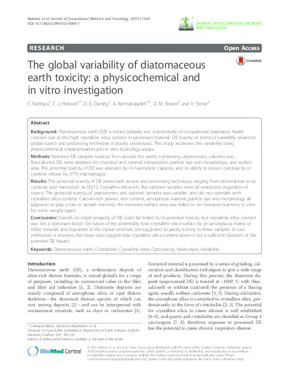 The global variability of diatomaceous earth toxicity: a physicochemical and in vitro investigation Thumbnail