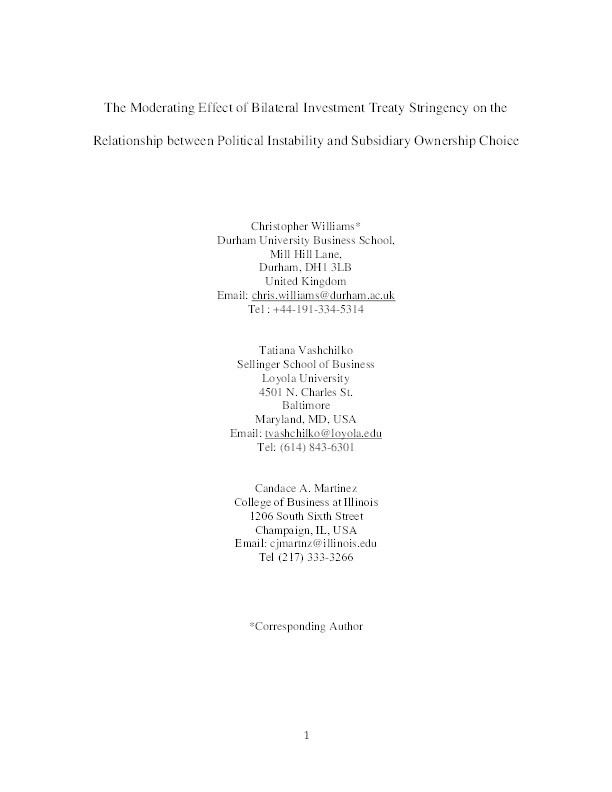 The Moderating Effect of Bilateral Investment Treaty Stringency on the Relationship between Political Instability and Subsidiary Ownership Choice Thumbnail