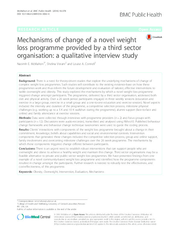 Mechanisms of change of a novel weight loss programme provided by a third sector organisation: a qualitative interview study Thumbnail