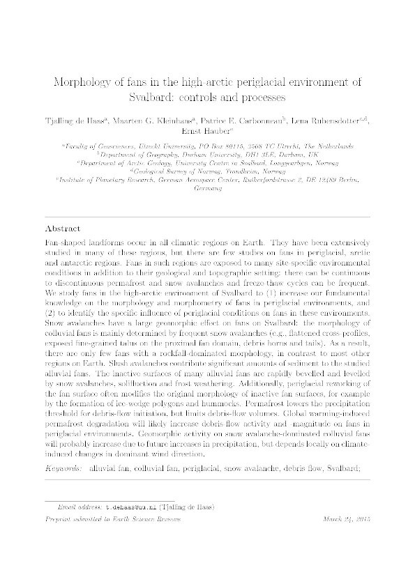 Surface morphology of fans in the high-Arctic periglacial environment of Svalbard: Controls and processes Thumbnail