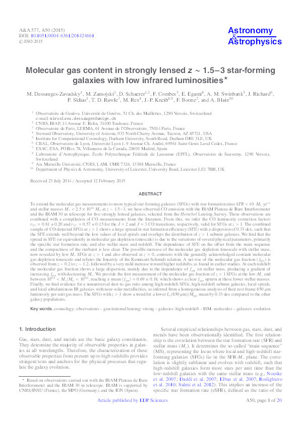 Molecular gas content in strongly lensed z ~ 1.5-3 star-forming galaxies with low infrared luminosities Thumbnail