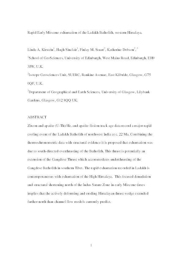 Rapid early Miocene exhumation of the Ladakh batholith, western Himalaya Thumbnail