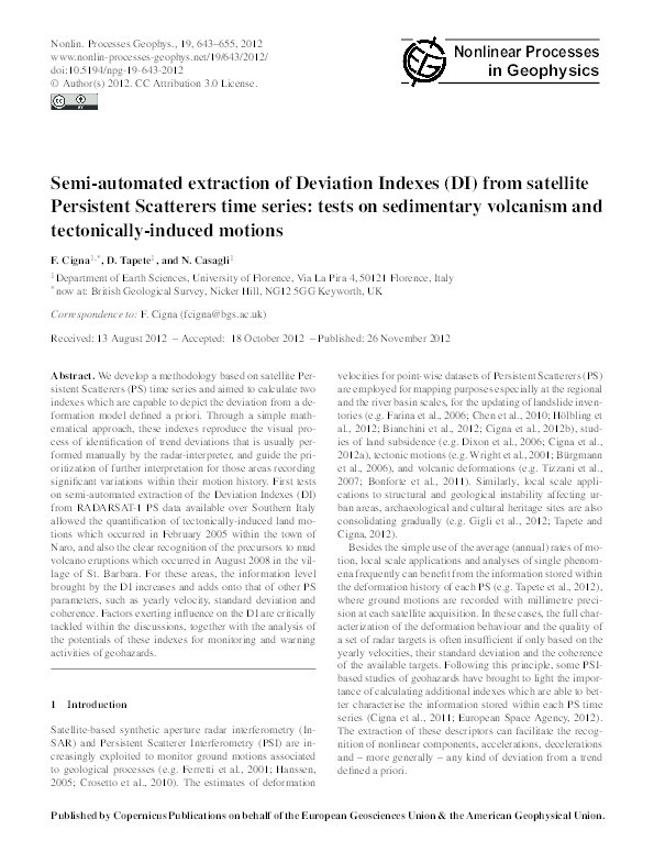 Semi-automated extraction of Deviation Indexes (DI) from satellite Persistent Scatterers time series: tests on sedimentary volcanism and tectonically-induced motions Thumbnail