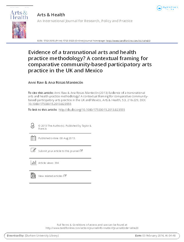 Evidence of a transnational arts and health practice methodology? A contextual framing for comparative community-based participatory arts practice in the UK and Mexico Thumbnail