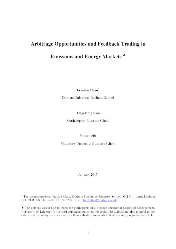 Arbitrage opportunities and feedback trading in emissions and energy markets Thumbnail