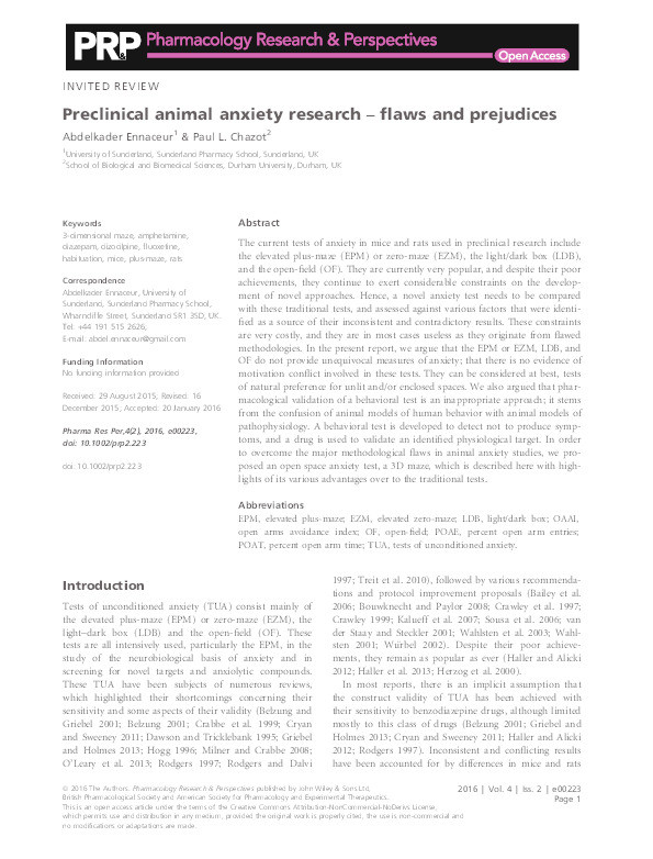 Preclinical animal anxiety research - flaws and prejudices Thumbnail