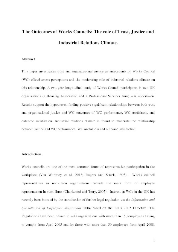 The outcomes of works councils: The role of trust, justice and industrial relations climate Thumbnail