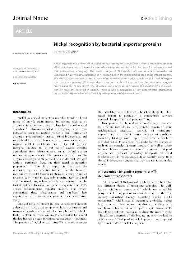 Nickel recognition by bacterial importer proteins Thumbnail