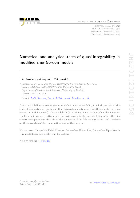 Numerical and analytical tests of quasi-integrability in modified Sine-Gordon models Thumbnail