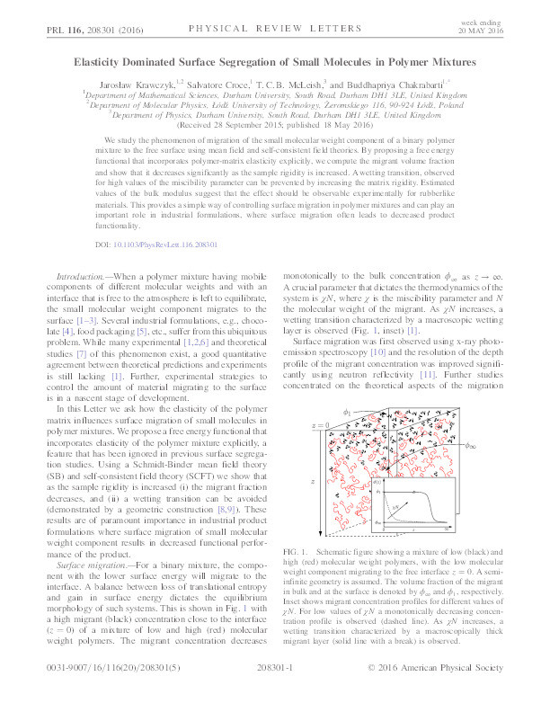 Elasticity dominated surface segregation of small molecules in polymer mixtures Thumbnail