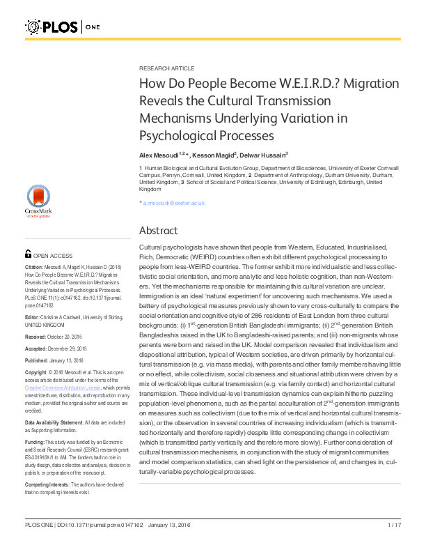 How Do People Become W.E.I.R.D.? Migration Reveals the Cultural Transmission Mechanisms Underlying Variation in Psychological Processes Thumbnail