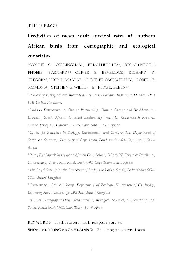 Prediction of mean adult survival rates of southern African birds from demographic and ecological covariates Thumbnail