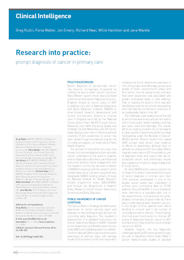 Research into practice: prompt diagnosis of cancer in primary care Thumbnail