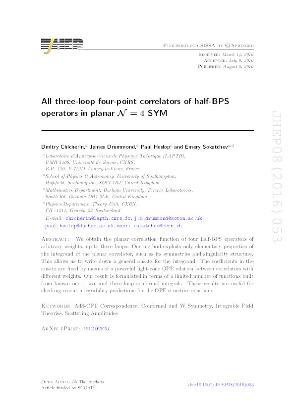 All three-loop four-point correlators of half-BPS operators in planar NN = 4 SYM Thumbnail