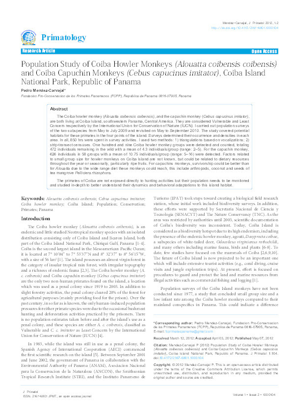 Population Study of Coiba Howler Monkeys (Alouatta coibensis coibensis) and Coiba Capuchin Monkeys (Cebus capucinus imitator), Coiba Island National Park, Republic of Panama Thumbnail