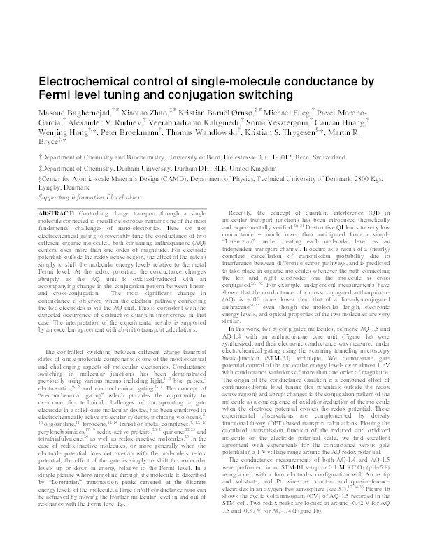 Electrochemical control of single-molecule conductance by Fermi-level tuning and conjugation switching Thumbnail