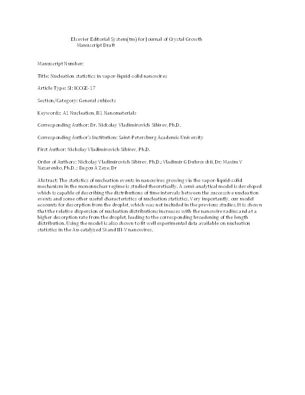 Modeling the nucleation statistics in vapor-liquid-solid nanowires Thumbnail
