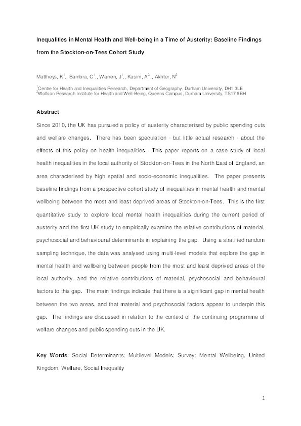 Inequalities in mental health and well-being in a time of austerity: Baseline findings from the Stockton-on-Tees cohort study Thumbnail