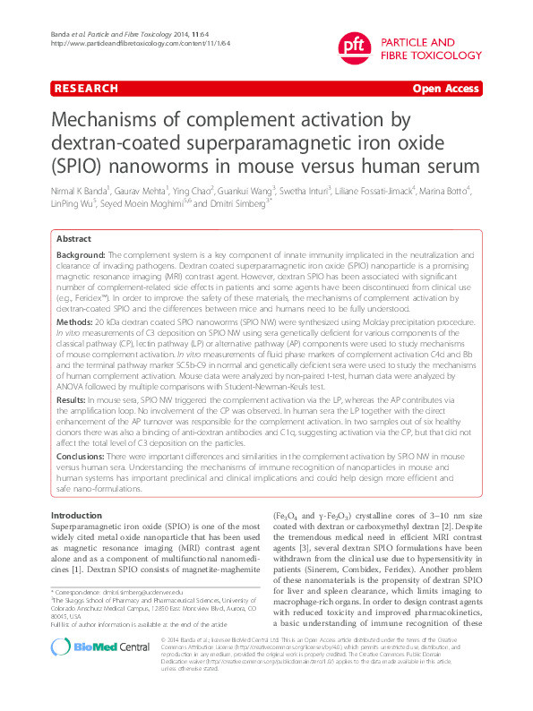 Mechanisms of complement activation by dextran-coated superparamagnetic iron oxide (SPIO) nanoworms in mouse versus human serum Thumbnail