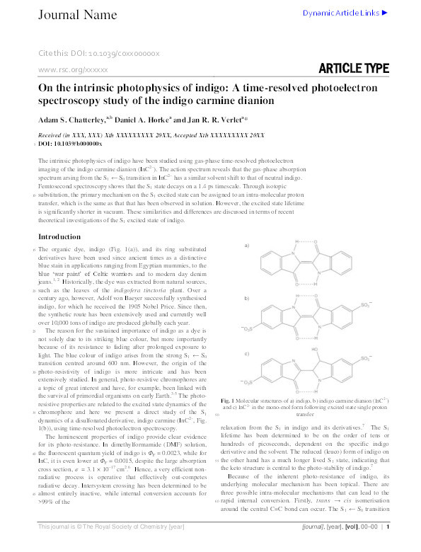 On the intrinsic photophysics of indigo: a time-resolved photoelectron spectroscopy study of the indigo carmine dianion Thumbnail