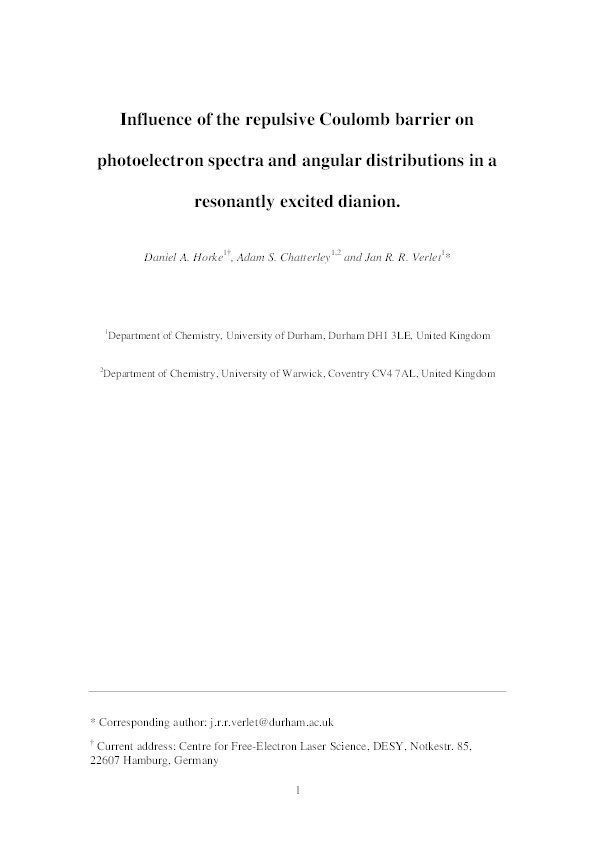 Influence of the repulsive Coulomb barrier on photoelectron spectra and angular distributions in a resonantly excited dianion Thumbnail