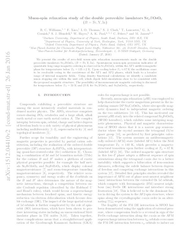 Muon-spin relaxation study of the double perovskite insulators Sr2 BOsO6 (B  =  Fe, Y, ln) Thumbnail