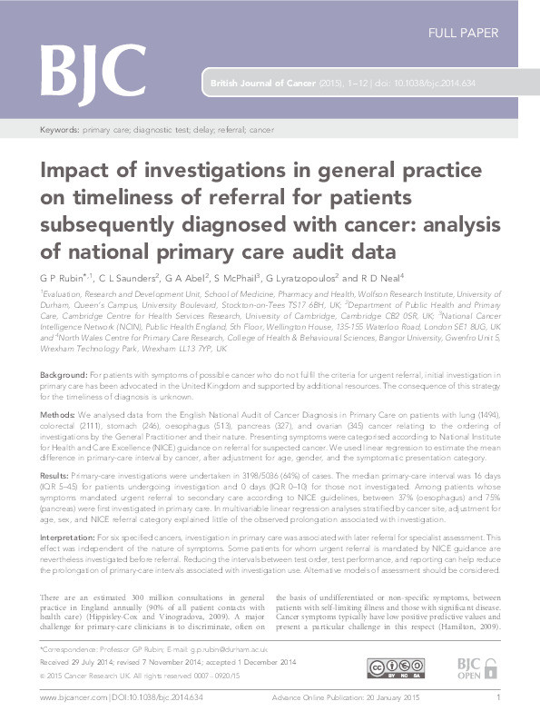 Impact of investigations in general practice on timeliness of referral for patients subsequently diagnosed with cancer: analysis of national primary care audit data Thumbnail