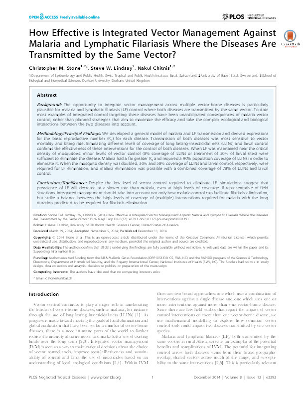 How effective is integrated vector management against malaria and lymphatic filariasis where the diseases are transmitted by the same vector? Thumbnail