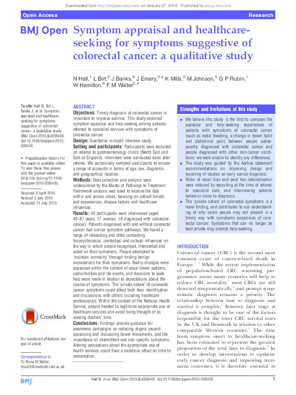 Symptom appraisal and healthcare-seeking for symptoms suggestive of colorectal cancer: a qualitative study Thumbnail