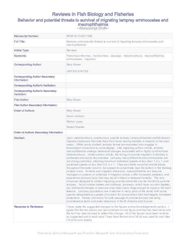 Behavior and potential threats to survival of migrating lamprey ammocoetes and macrophthalmia Thumbnail
