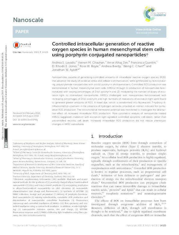 Controlled intracellular generation of reactive oxygen species in human mesenchymal stem cells using porphyrin conjugated nanoparticles Thumbnail