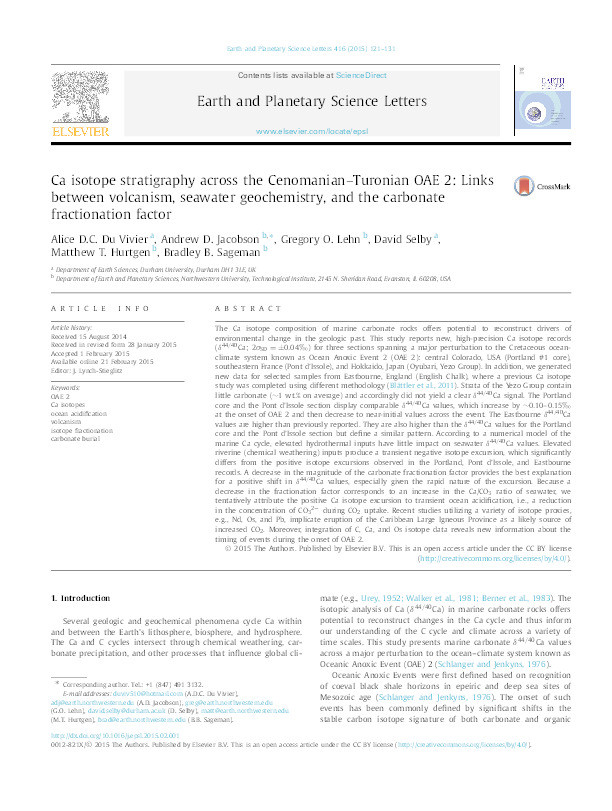 Ca isotope stratigraphy across the Cenomanian–Turonian OAE 2: Links between volcanism, seawater geochemistry, and the carbonate fractionation factor Thumbnail