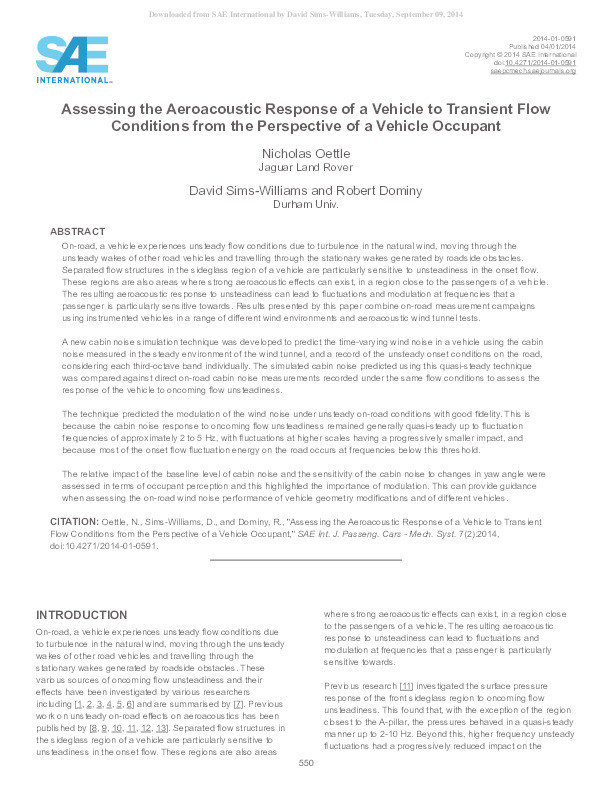 Assessing the Aeroacoustic Response of a Vehicle to Transient Flow Conditions from the Perspective of a Vehicle Occupant Thumbnail
