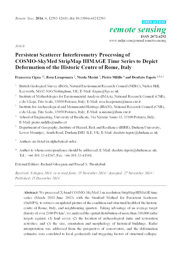 Persistent Scatterer Interferometry Processing of COSMO-SkyMed StripMap HIMAGE Time Series to Depict Deformation of the Historic Centre of Rome, Italy Thumbnail