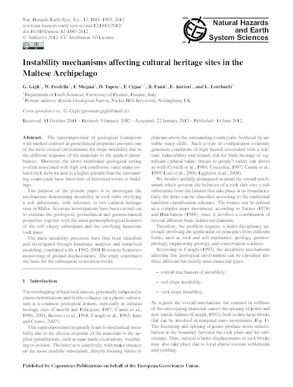 Instability mechanisms affecting cultural heritage sites in the Maltese Archipelago Thumbnail