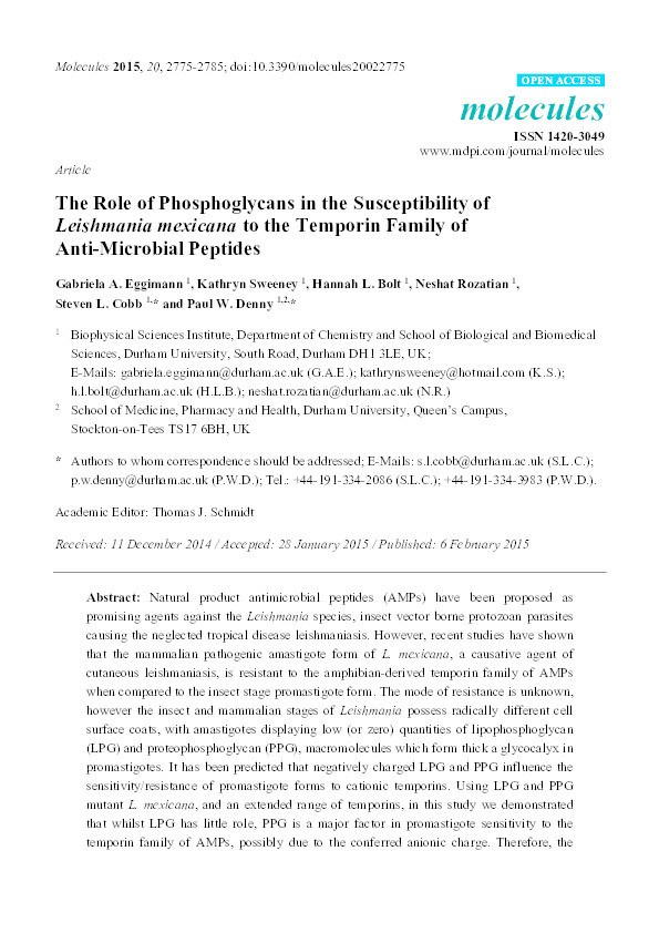 The Role of Phosphoglycans in the Susceptibility of Leishmania mexicana to the Temporin Family of Anti-Microbial Peptides Thumbnail