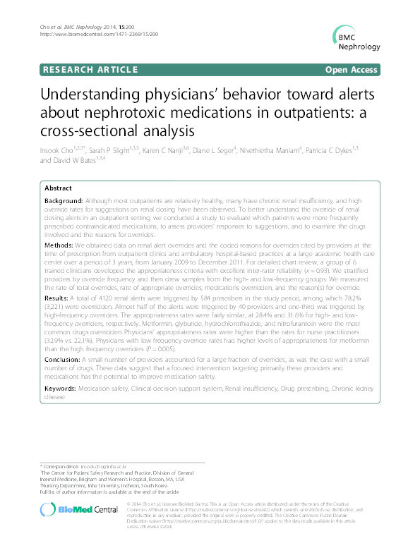 Understanding Physicians' Behavior toward Alerts on Nephrotoxic Medications in Outpatients: A Cross-Sectional Analysis Thumbnail