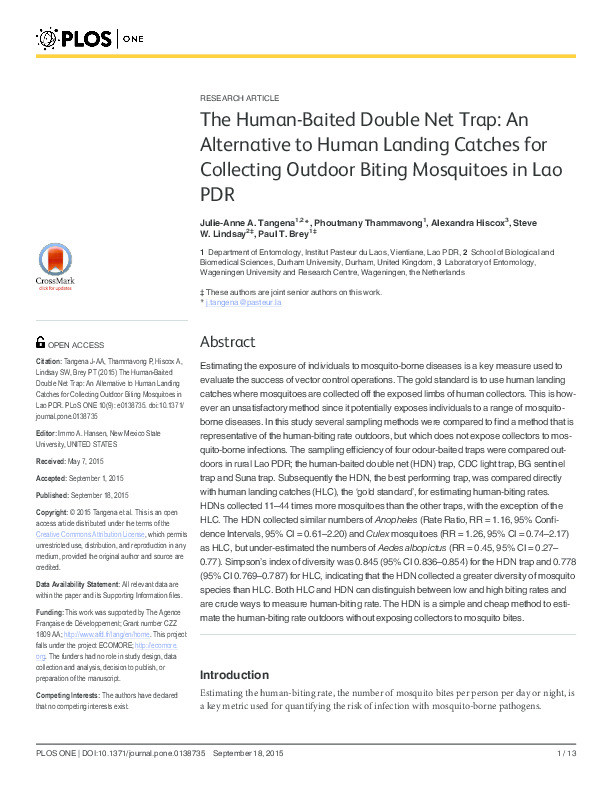 The Human-Baited Double Net Trap: An Alternative to Human Landing Catches for Collecting Outdoor Biting Mosquitoes in Lao PDR Thumbnail