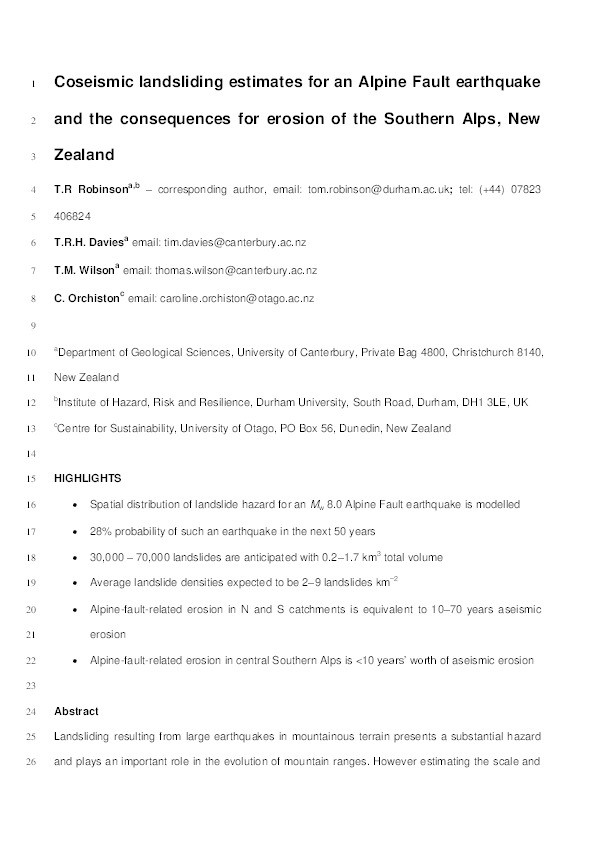 Coseismic landsliding estimates for an Alpine Fault earthquake and the consequences for erosion of the Southern Alps, New Zealand Thumbnail