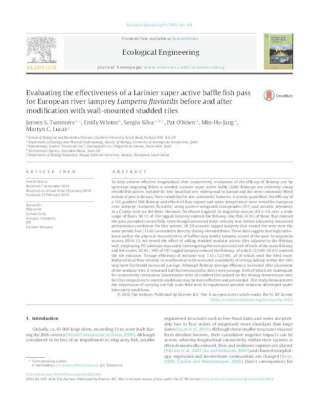 Evaluating the effectiveness of a Larinier super active baffle fish pass for European river lamprey Lampetra fluviatilis before and after modification with wall-mounted studded tiles Thumbnail