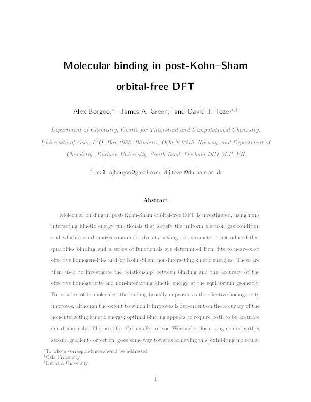Molecular Binding in Post-Kohn-Sham Orbital-Free DFT Thumbnail